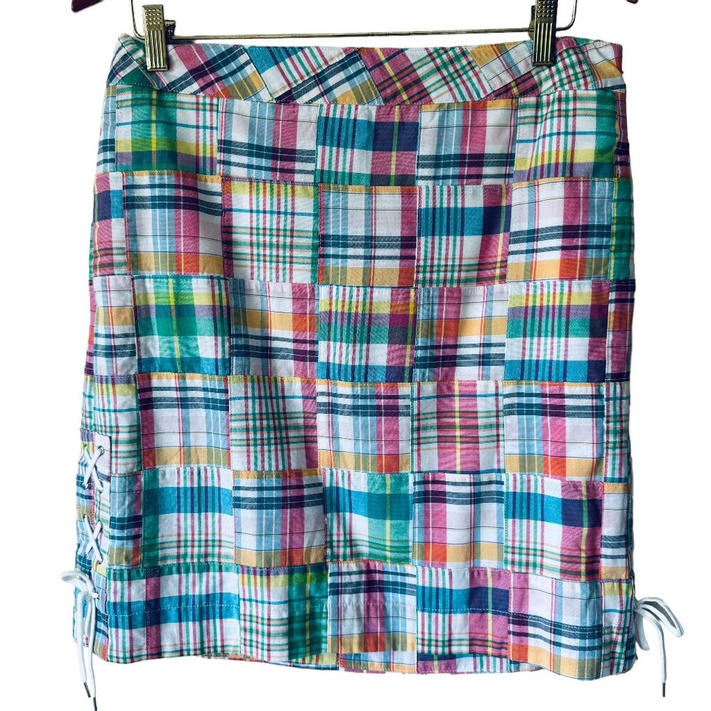 Talbots Sz 10P Madras Plaid Patchwork Cotton Lined Skirt Lace-Up Sides Preppy